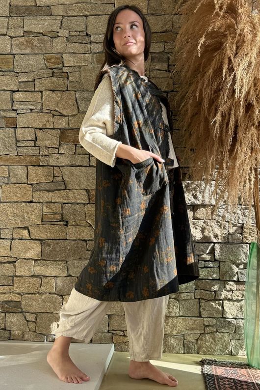 Oriental Bloom Longline Gilet Jacket Navy 